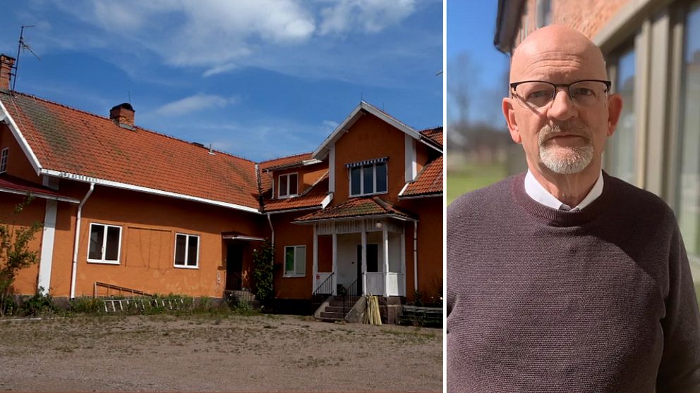 En bild på ett hus och på Åke Nilsson, Kristdemokraterna, ordförande för Hultsfreds bostäder.