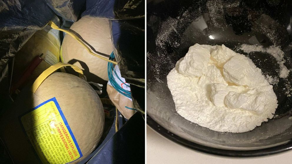 Bilden är delad i två. Båda bilderna är tagna ur  polisens förundersökningsprotokoll. Den vänstra föreställer krysantemumbomber och den högra en skål med misstänkt kokain.