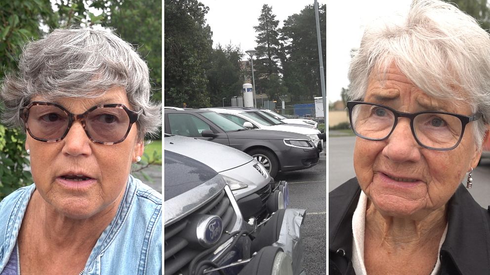 Bilden är en splittbild bestående av tre bilder. Till vänster står en kvinna med mörkgrått hår, hon har tonade solglasögon och jeansjacka. I mitten en bild på bilar på en parkering. Till höger en kvinna med ljusgrått hår och kort frisyr, hon har gråsvarta glasögon och örhängen. Båda kvinnorna i bildmontaget ser fundersamma ut.