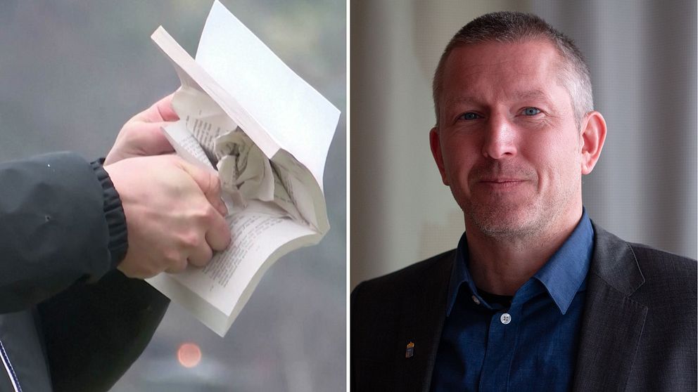 En bild på en ett par händer som knycklar ihop en Koran och Magnus Hansson, säkerhetschef vid Länsstyrelsen i Västerbotten.