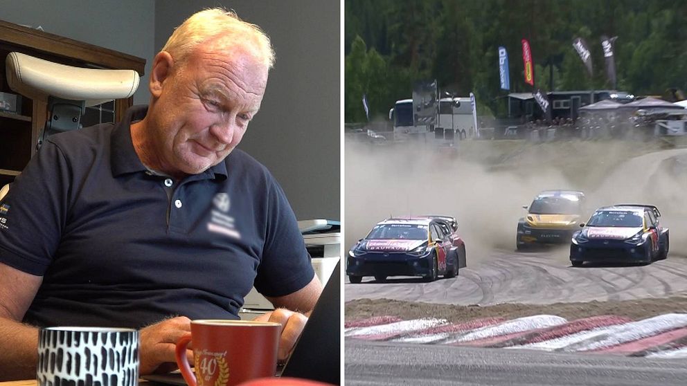 En man (Tommy Kristoffersson, teamchef för Team KMS) sitter framför en dator delad bild med rallybilar