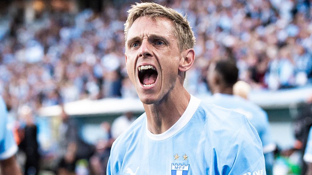 Malmö FFs Søren Rieks jublar efter 2-1 under fotbollsmatchen i Allsvenskan mellan Malmö FF och Värnamo den 31 juli 2023 i Malmö.