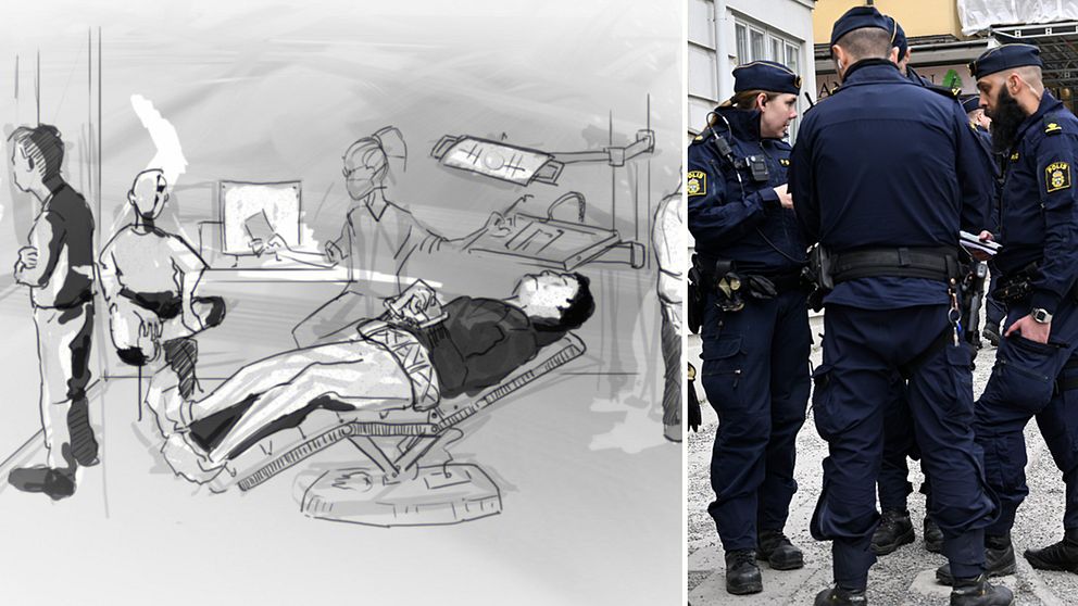 Tecknad illustration på morddömde 17-åringen som fritogs i Södertälje. Han sitter fängslad i händer och rund midjan, sitter i en tandläkarstol på besök hos tandläkaren där han fritogs.