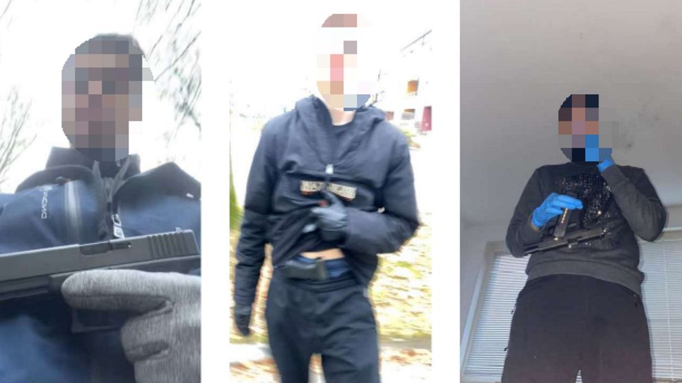 Tre män som poserar med vapen, en Glock. Ansiktena är blurrade.