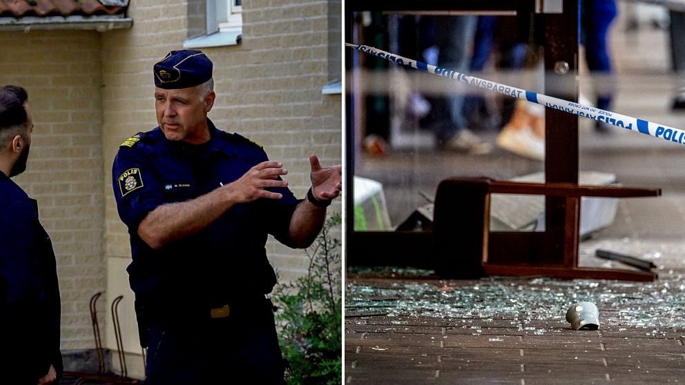 En polisman står och berättar något för svts journalist, delad bild med en bild på avspärrningar, glassplitter från en explosion i Göteborg.