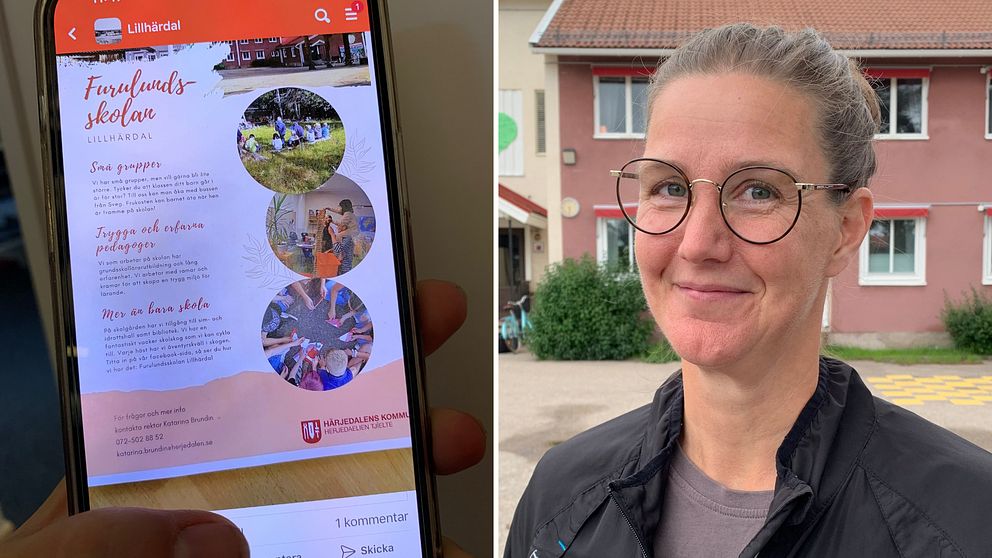 En bild på en mobilskärm som visar en annons i sociala medier. Till höger läraren Therese Jonsson som tittar in i kameran.