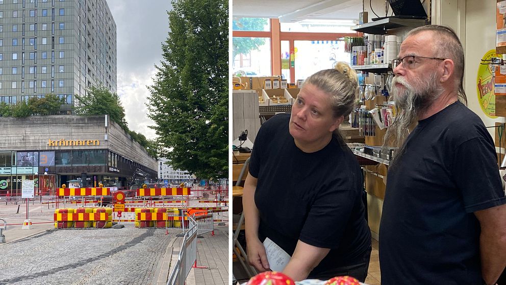 Bild väsar på avspärrningar på Rudbecksgatan, delad bild på två personer med svarta tröjor (Lotta Ek och Stefan Axelsson driver en zoobutik) som står inne i en affär.