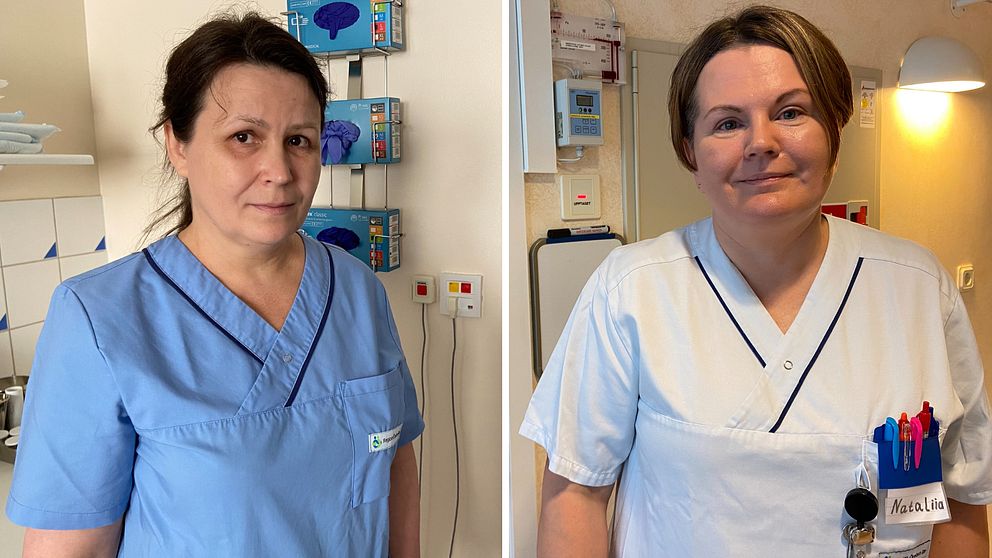 En splitbild på två kvinnor som har vård-kläder på sig.