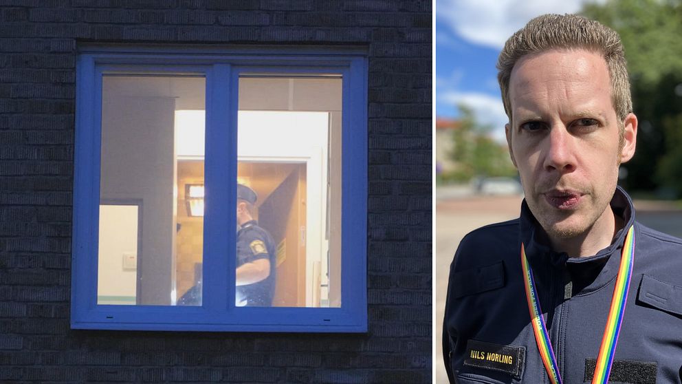 Till vänster: polisen i en lägenhet i Malmö och till höger Malmöpolisens presstalesperson