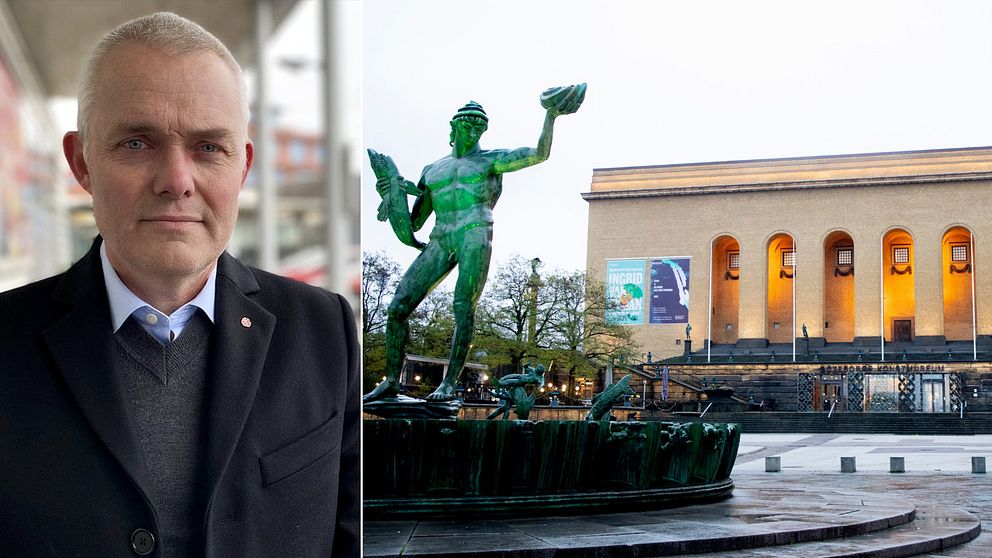 Jonas Attenius (S) står på ena sidan av bilden. På andra sidan syns en staty och Göteborgs konstmuseum.