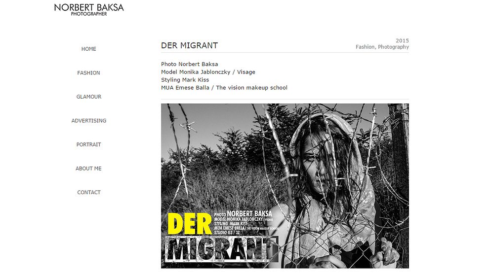 Skärmdump från fotografen Norbert Baksas hemsida där kampanjen ”Der Migrant” publicerats.