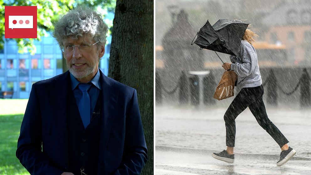 SVT:s meteorolog Pererik Åberg bredvid bild på person som springer i regn med söndrigt paraply.