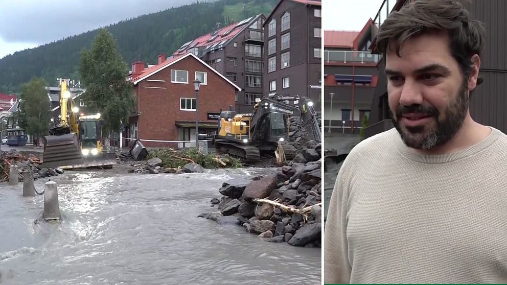 Bilder från vattenmassor i centrala Åre och en bild på en man med mörkt skägg.