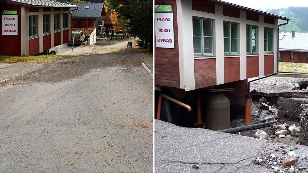 Gata från Åre innan och efter översvämningen.