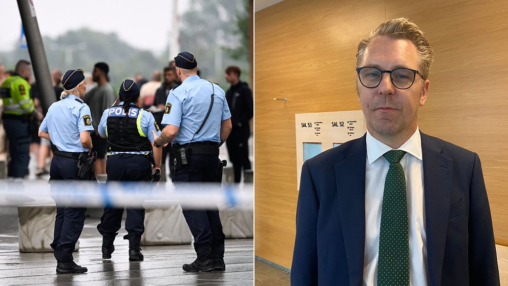 Till vänster: poliser och besökare utanför köpcentret Emporia efter att ett mord skett i augusti 2022. Till höger: försvarsadvokat Johan Fernvall i Malmö tingsrätt.