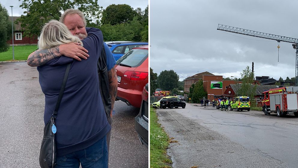 Kollage där en man och en kvinna kramas till vänster i bild, till höger i bild fordon från räddningstjänst och ambulans.