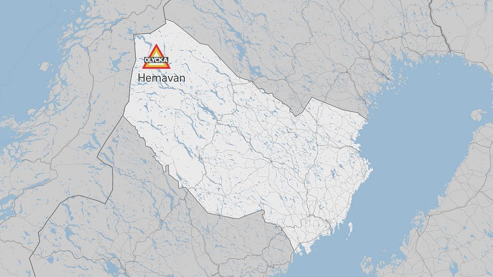 Karta över Västerbotten där Hemavan är markerad med en triangel där det står ”olycka”. Ett person dog i en olycka med en traktor i Hemavan.