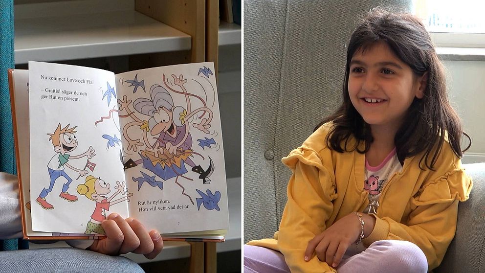 En flicka i en fåtölj och en uppslagen barnbok