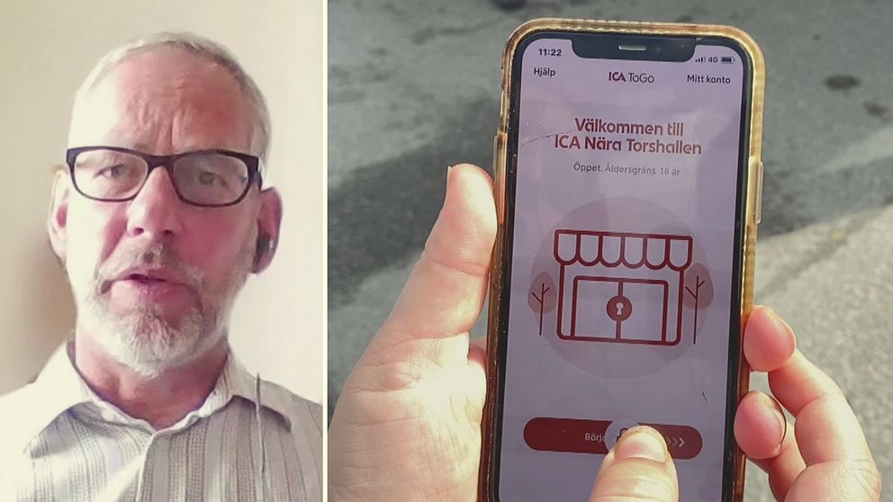 En bild på Pär Bygdeson, en man med ljus hår och skägg med glasögon och en telefon med Ica:s ToGo-app.
