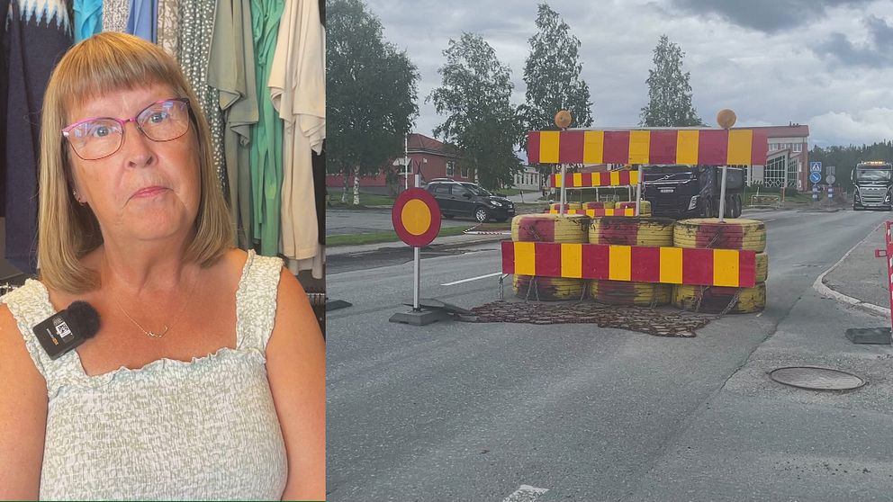 Delad bild. Till vänster står en kvinna i klänning och glasögon. Till höger syns en stor avstängning vid E45 i Dorotea.