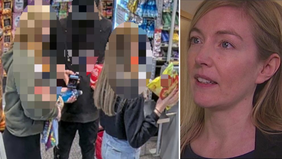 Till vänster är det en bild ur övervakningskamerabild från en matbutik, tre personer som håller i varor. Deras ansikten är blurrade. / Till höger kvinna med blont hår som kollar åt vänster.