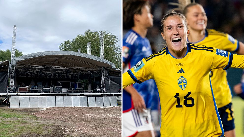 Kollage med scen till vänster och fotbollsspelaren Filippa Angeldahl till höger.