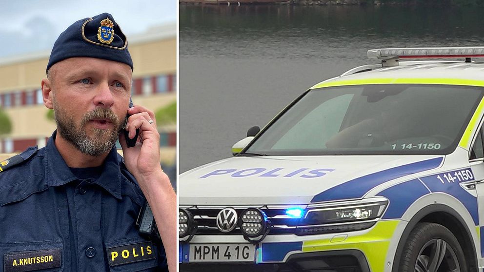 Delad bild. Till vänster lokalpolisområdeschef August Knutsson klädd i polisuniform. Han pratar i telefon. Till vänster en polisbil vid Indalsälven i Lit.