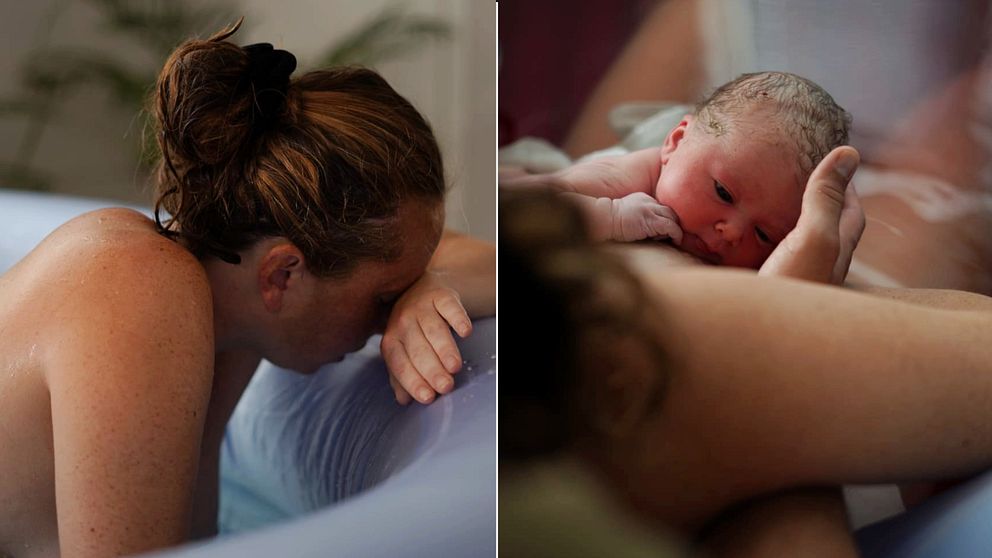 Hanna Olvenmark föder sitt andra barn hemma i lägenheten, i en uppblåsbar bassäng.