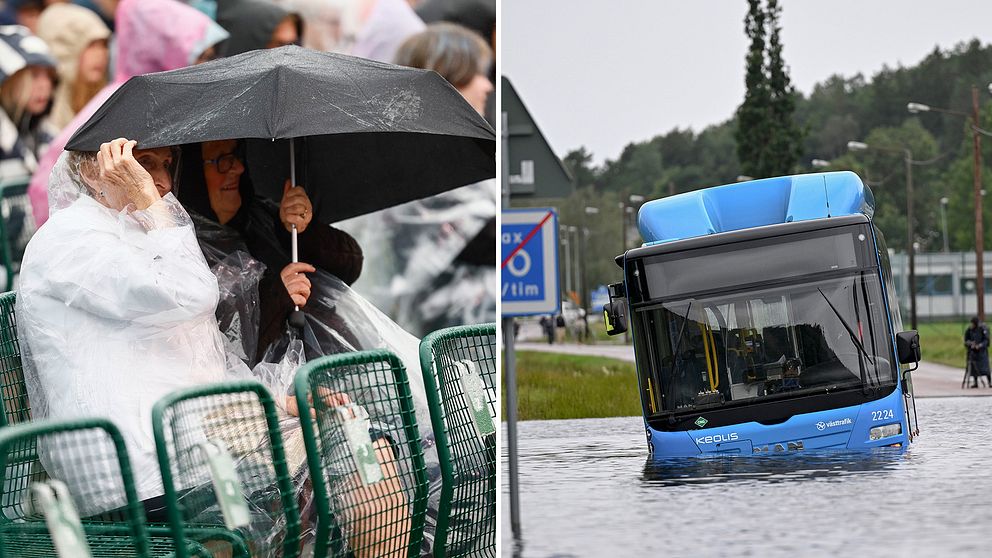 Bild på två kvinnor som undviker regnet under ett paraply, bredvid bild på en linjebuss som fastnat i vattenmassor.