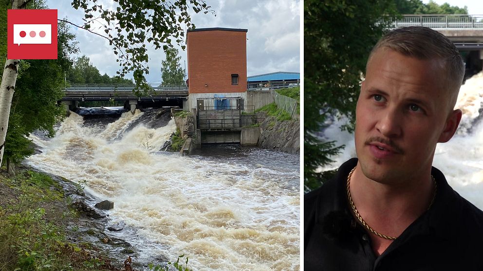 dubbelbild: forsande vatten vid Dalkarlshyttan i Lindesberg / porträtt på kortklippt man med piké, guldlänk och mustasch