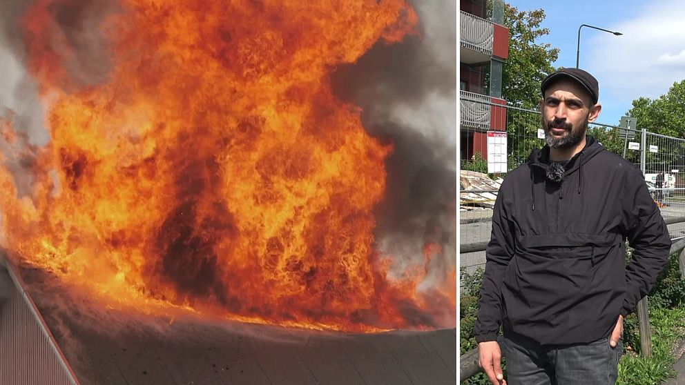Bild på hustak som brinner kraftigt och bild på Ali el- Ali utanför huset efter branden.