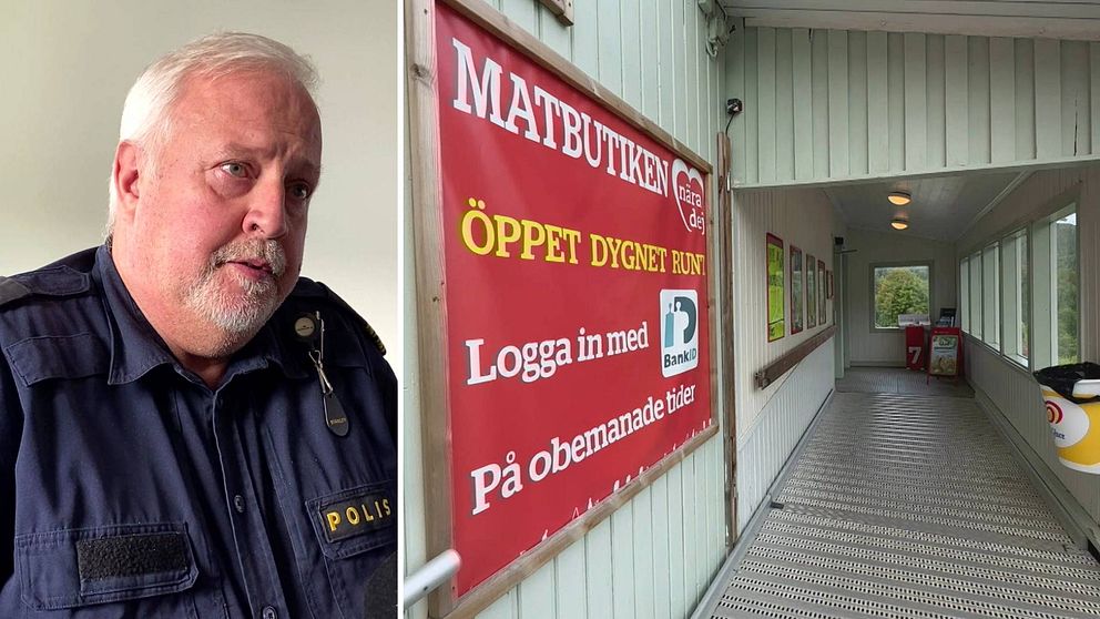 Polisen Bosse Nordquist och en bild på Nära dej-butiken i Mjällom.