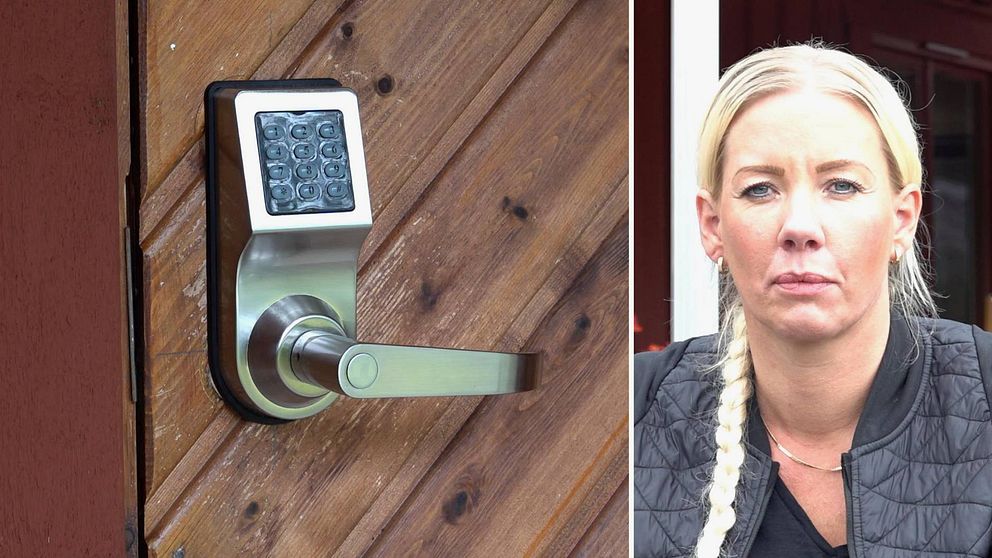 Delad bild. Till vänster en dörr på en campingstuga med ett kodlås. Till höger en blond kvinna med långt hår i fläta. Hon har svart täckjacka.