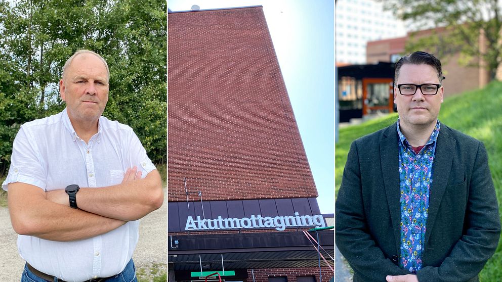 Tredelad bild med man i vit skjorta framför grönskande träd, fasaden till akutmottagningen i Karlskrona och man i blå kavaj framför sjukhuset i Karlshamn. Männen heter Magnus Johansson, som är socialdemokratisk regionpolitiker, och Björn Tenland Nurhadi, som är sverigedemokratisk regionpolitiker.