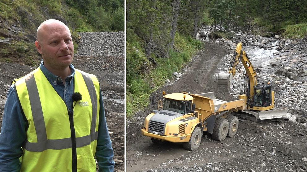 Thor Kruse står framför en hög vall  av grus och en grävmaskin arbetar i Susabäcken.