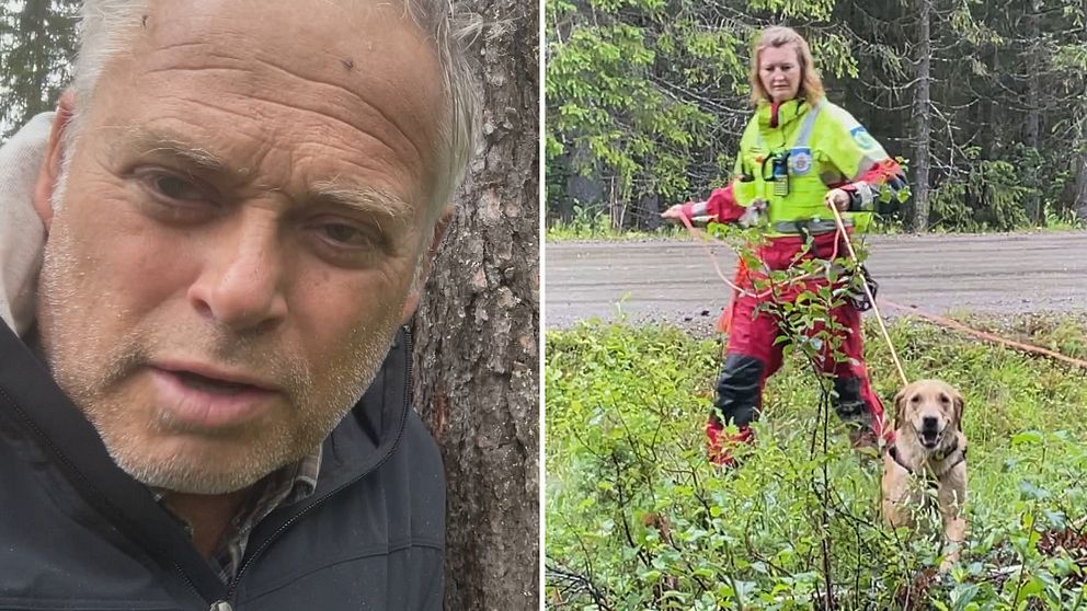 Reporter Berno Jonsson och en räddningshund som söker