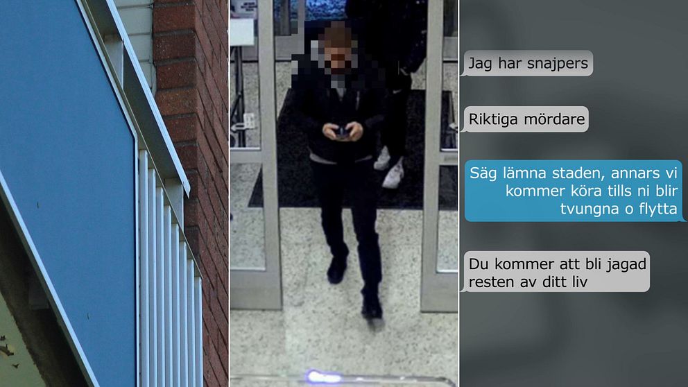 balkong/Man blurfrad som går in i matbutik/ chattkonversation