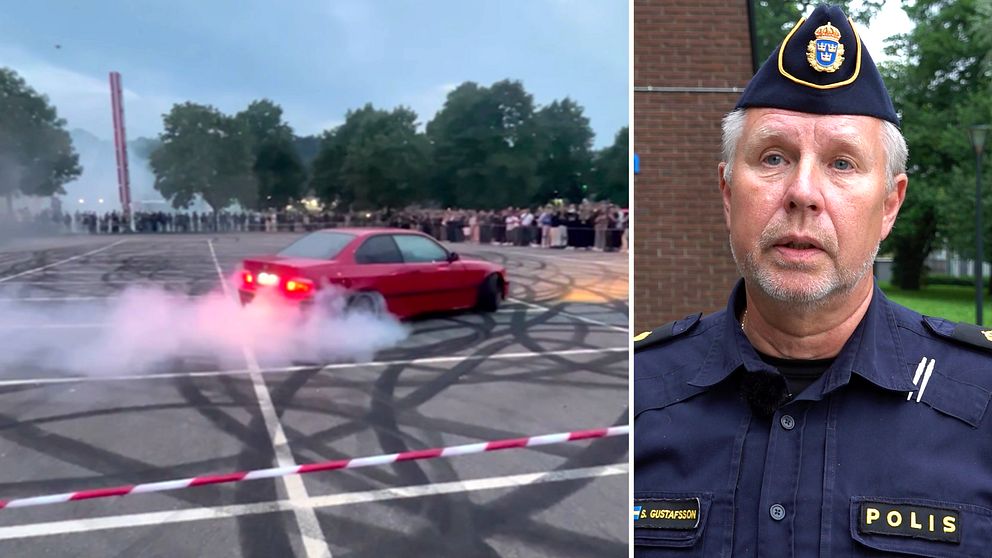 Dubbelbild: röd bild som gör burnouts på en parkeringsplats full av däckmärken och rök / polisman i uniform