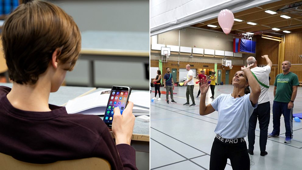 Lärare som ska fortbildas är i en gymnastikhall och gör övningar som bland annat involverar ballonger.