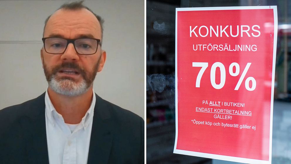 man på länk och skylt om koinkurs
