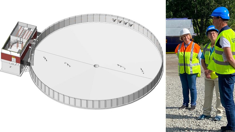 Illustration över utjämningsmagasinet och bild på tjänstemän och politiker vid byggplatsen.
