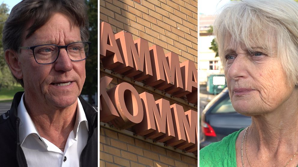 Splitbild med oppositionsråd Bosse Henriksson till vänster, en bild på Hammarö kommunhus i mitten och kommunstyrelsens ordförande Solweig Gard till höger