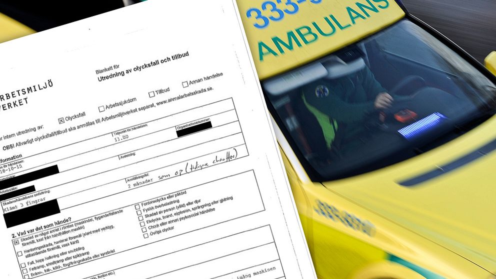 dokument från arbetsmiljöverket och arkivbild på ambulans