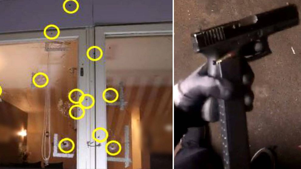 Minst 15 skott ska ha avlossats mot bostaden på Munkhättegatan  i Malmö. På bilder syns två unga män hantera vapen.