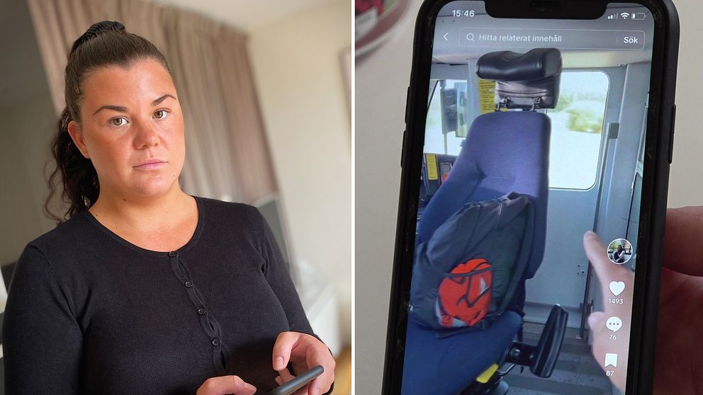 Till vänster en bild på Alina, till höger visas en skärmbild på en telefon som visar tiktok-klippet från hytten.