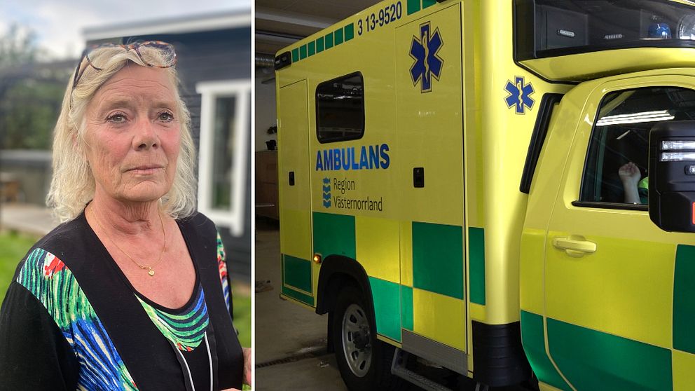 Ambulans till vänster och kvinna till höger.