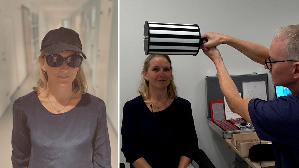 Helena Sternberg har solglasögon och gör ett ögontest hos forskaren.