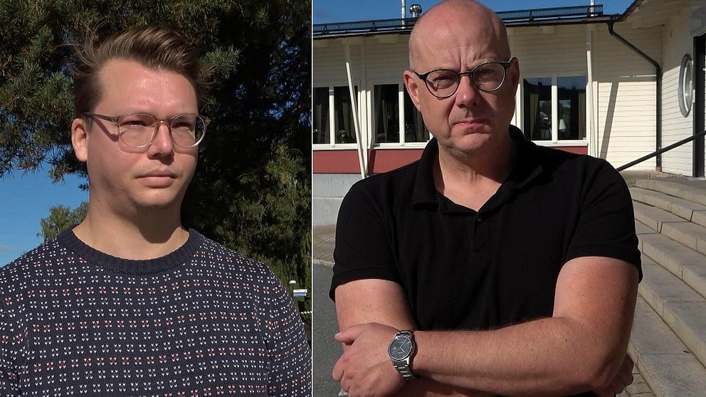 Till vänster: Bild på Johan Åberg, med glasögon och kort hår fotograferad utomhus. Till höger: