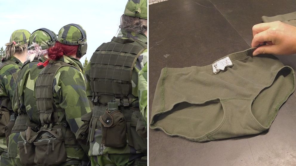 Splitbild. Till vänster fyra kvinnor i försvarets uniform. Till höger ligger ett par gröna underkläder på en bänk