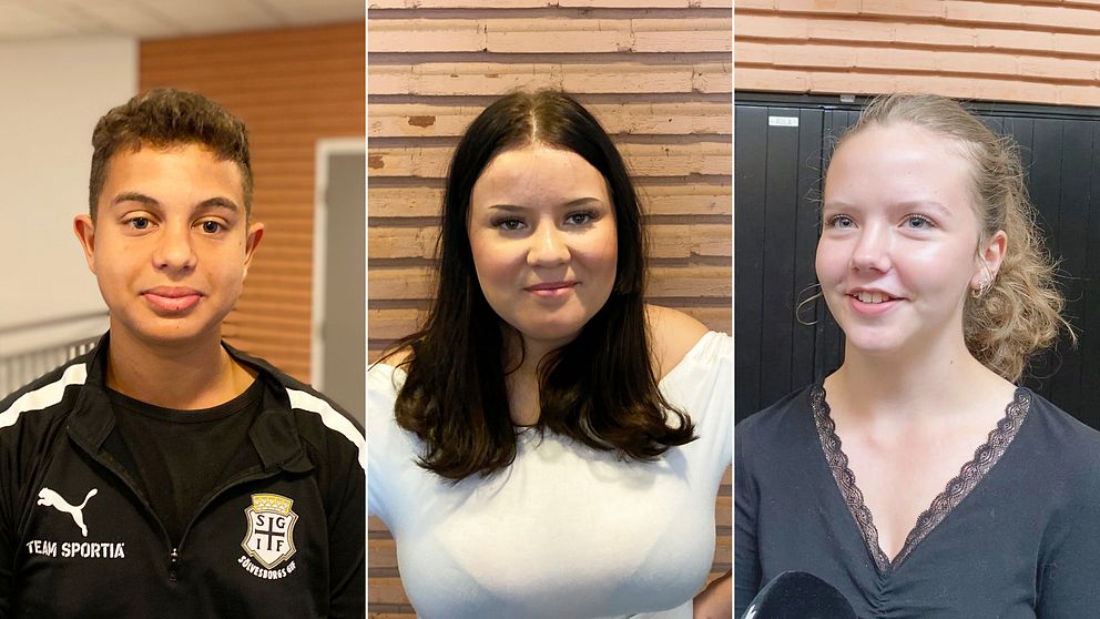 Tredelad bild på skolelever i korridorerna på Bokelundsskolan i Sölvesborg. Eleverna heter Alexandar Petrovic, Gloria Ikonen och Klara Nilsson.